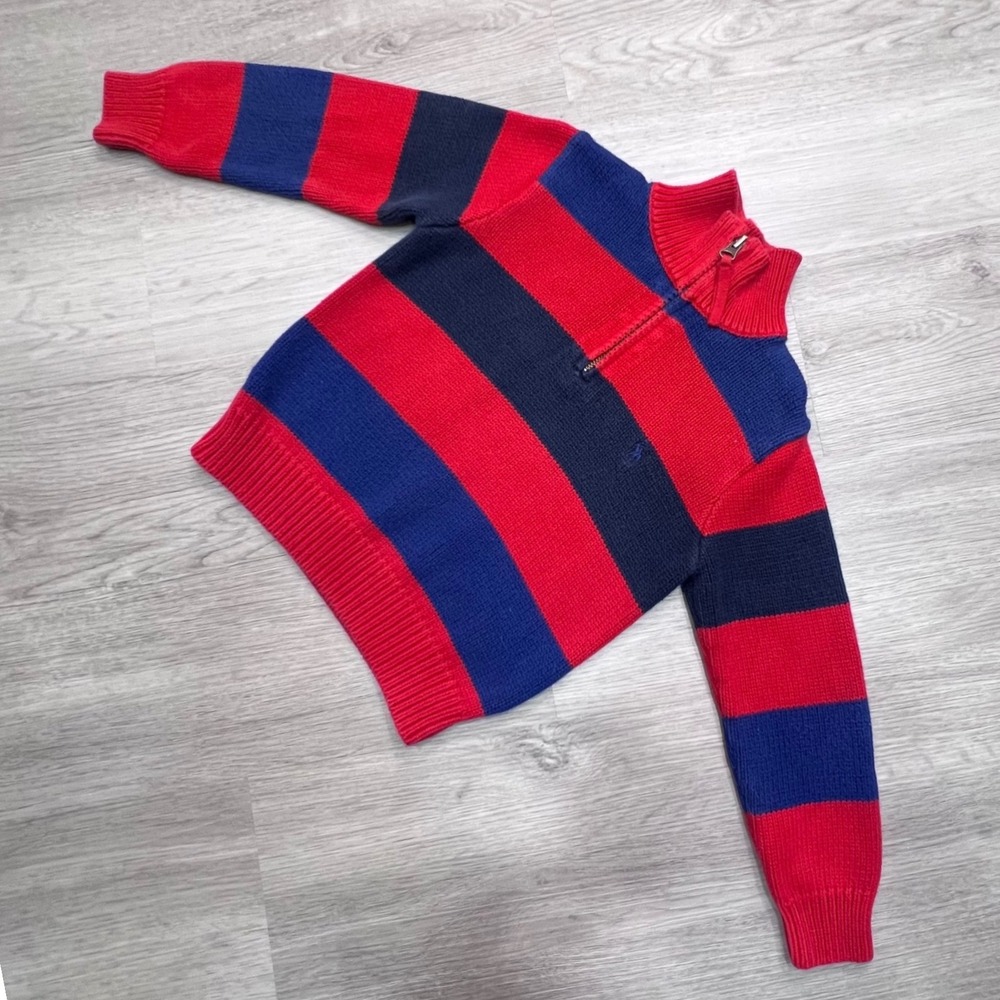 Polo Ralph Lauren Boys Red Navy Blue Striped Quarter Zip Cotton Sweater 4 4T